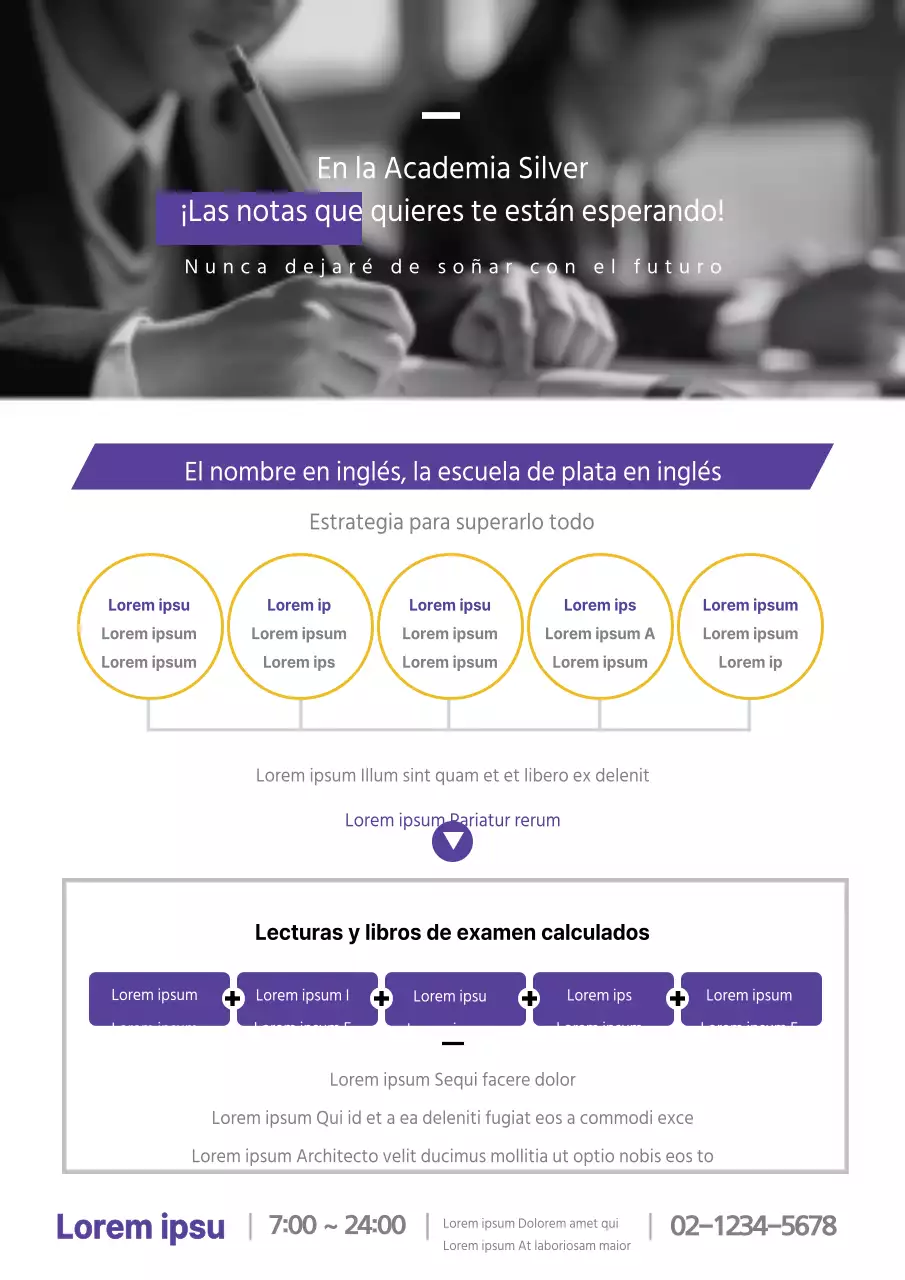 Bonita promoción escolar con fotos en blanco y negro de alumnos estudiando en color púrpura.