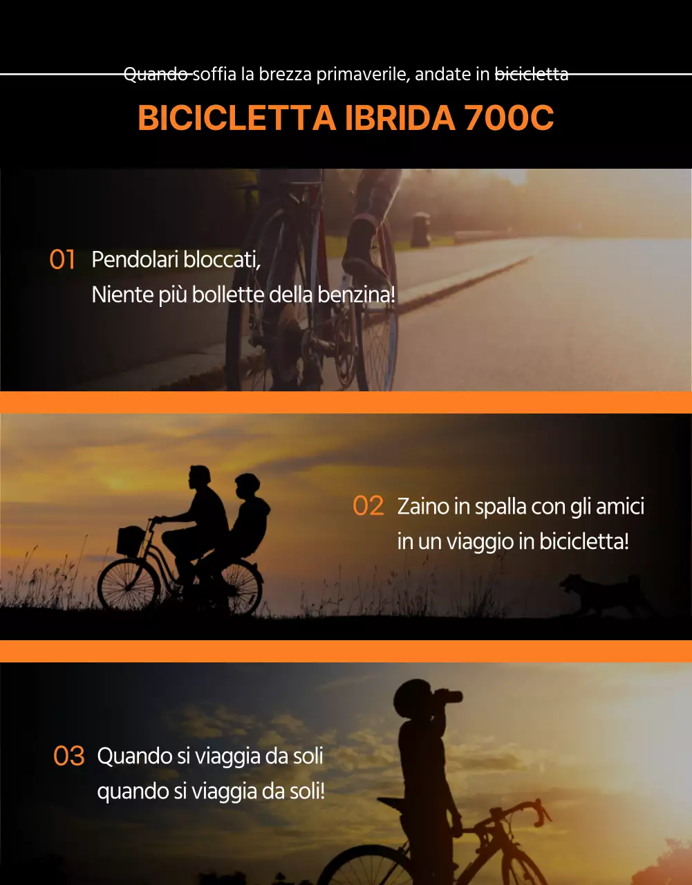 Promuovete la bicicletta ibrida Mirisport, brillante, audace e attiva, nei colori arancione e nero.