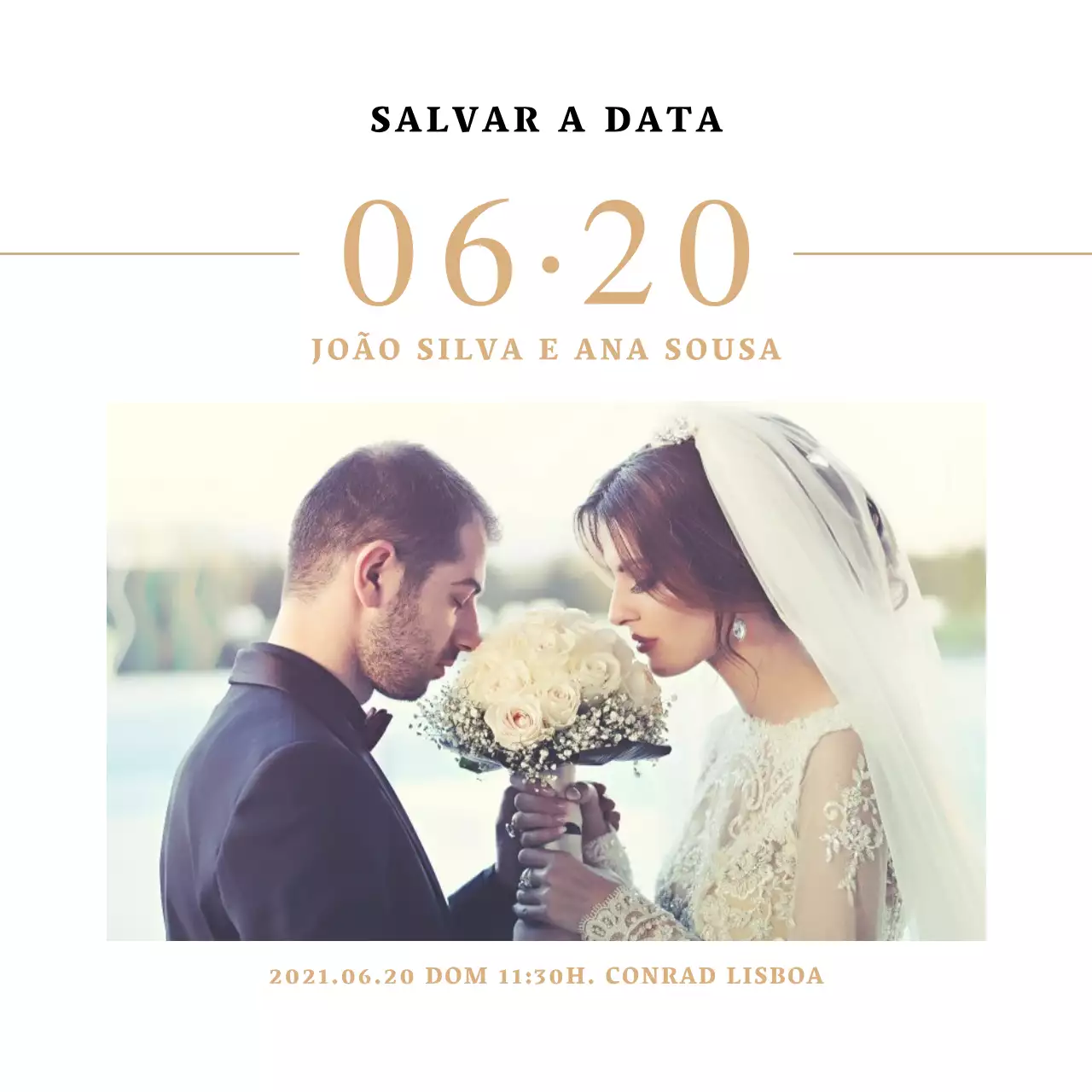 Convite de casamento com fotografia da data do casamento postal quadrado com um aspeto limpo