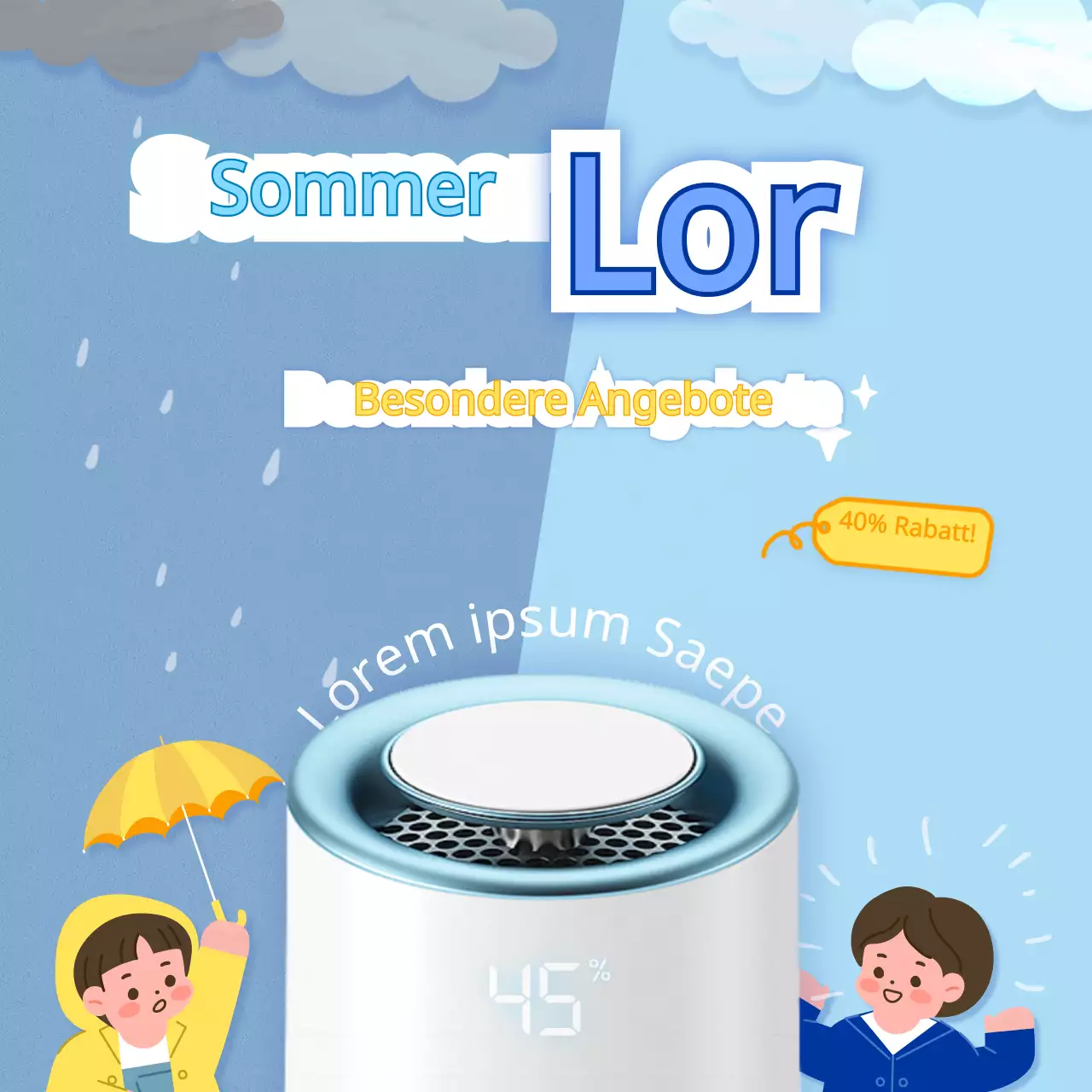 Blaue und gelbe Regenzeit Luftentfeuchter Verkauf Veranstaltung