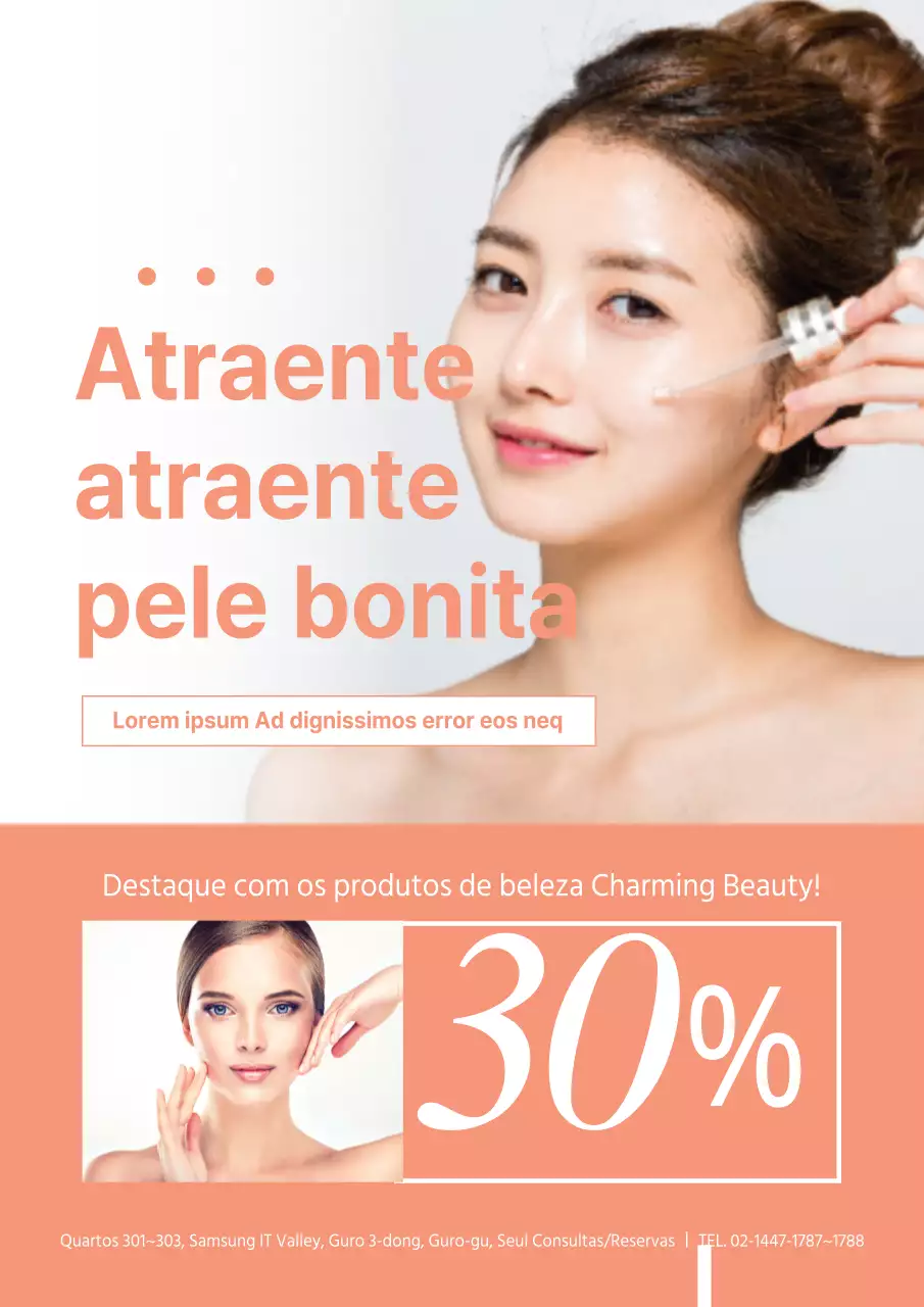 Folheto laranja simples para promover um evento de descontos para uma marca de cuidados da pele