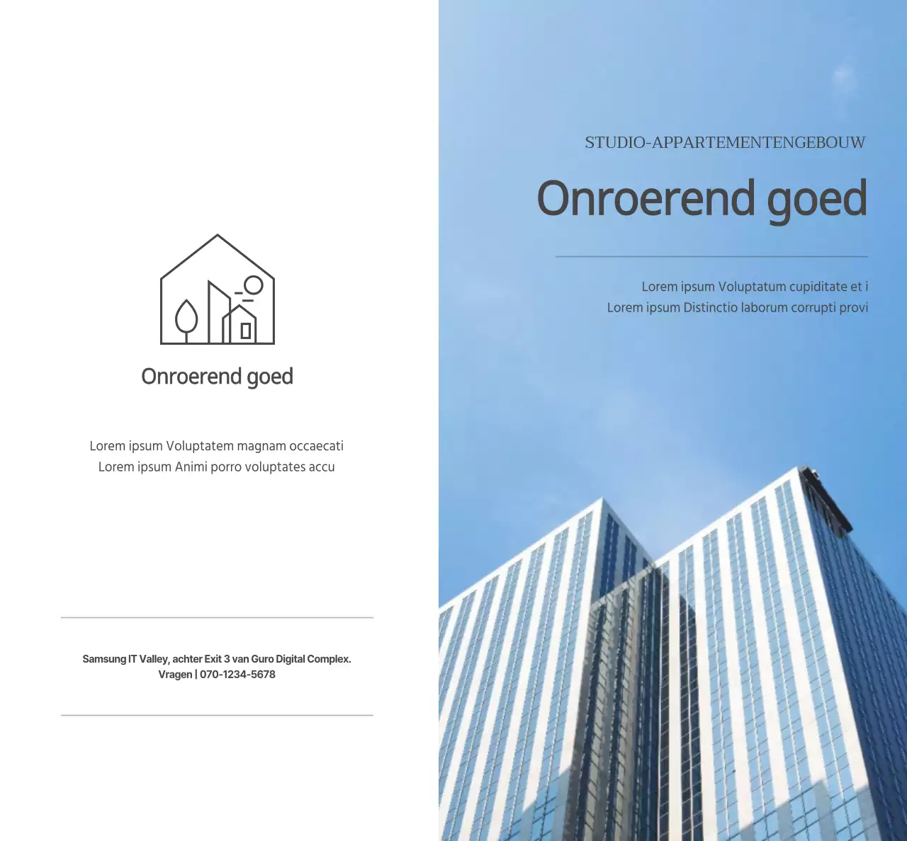 Een eenvoudige biz met donkergrijze tekst en afbeeldingen om onroerend goed te promoten.