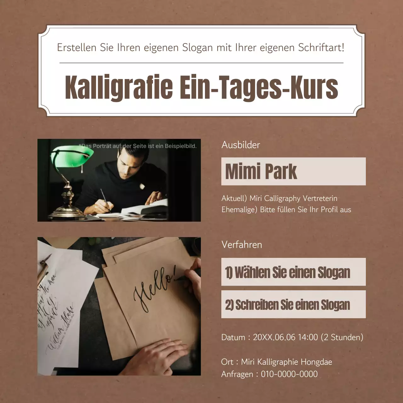 Kalligraphie mit braunem Papier Vintage-Etiketten Ein-Tages-Kurs Ankündigung