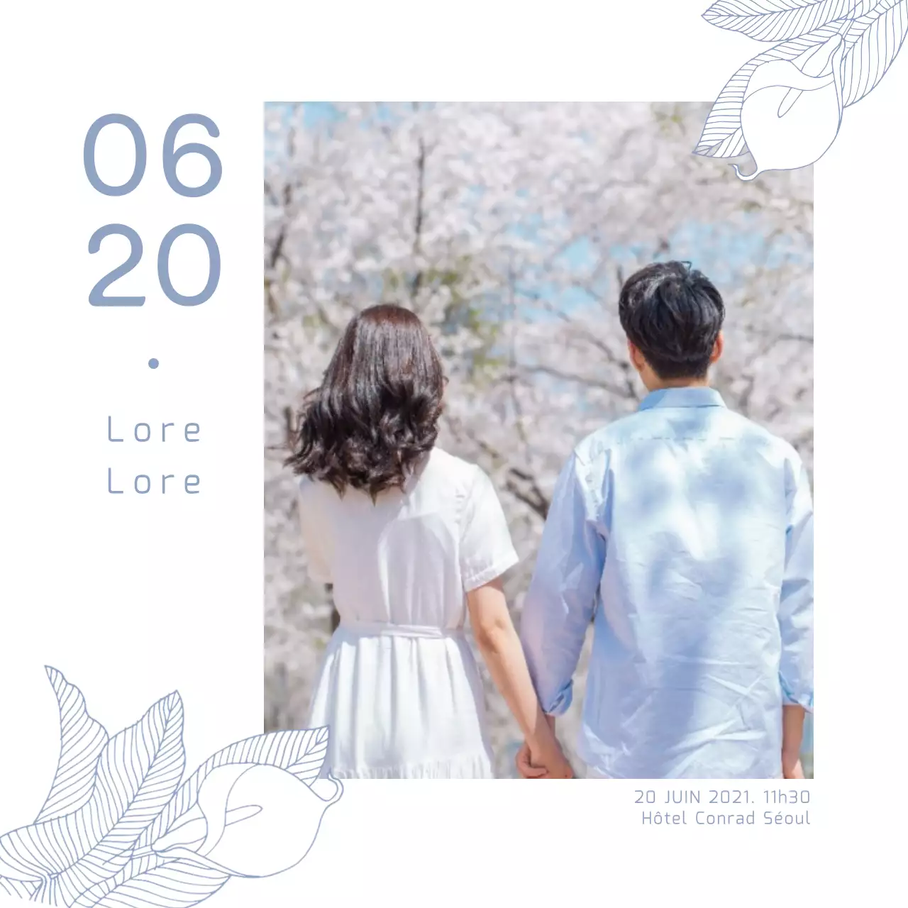 Carte postale carrée d'invitation au mariage avec illustration bleu clair