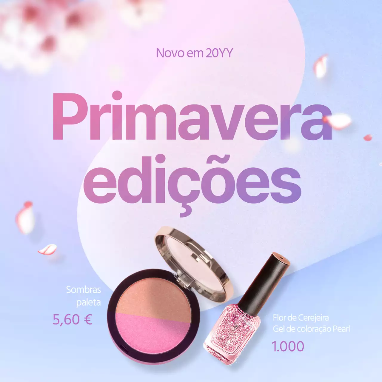 Cosméticos com pétalas a voar num cenário de flores de cerejeira Cartaz de evento roxo relacionado com a beleza