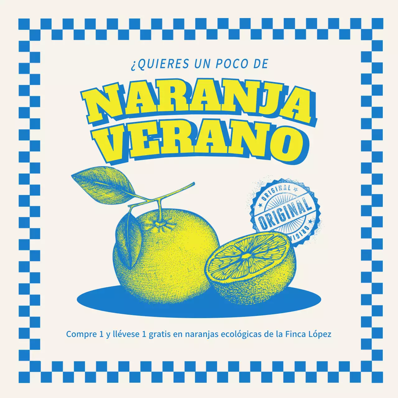Un argumento de venta de fruta amarillo-azul de inspiración vintage