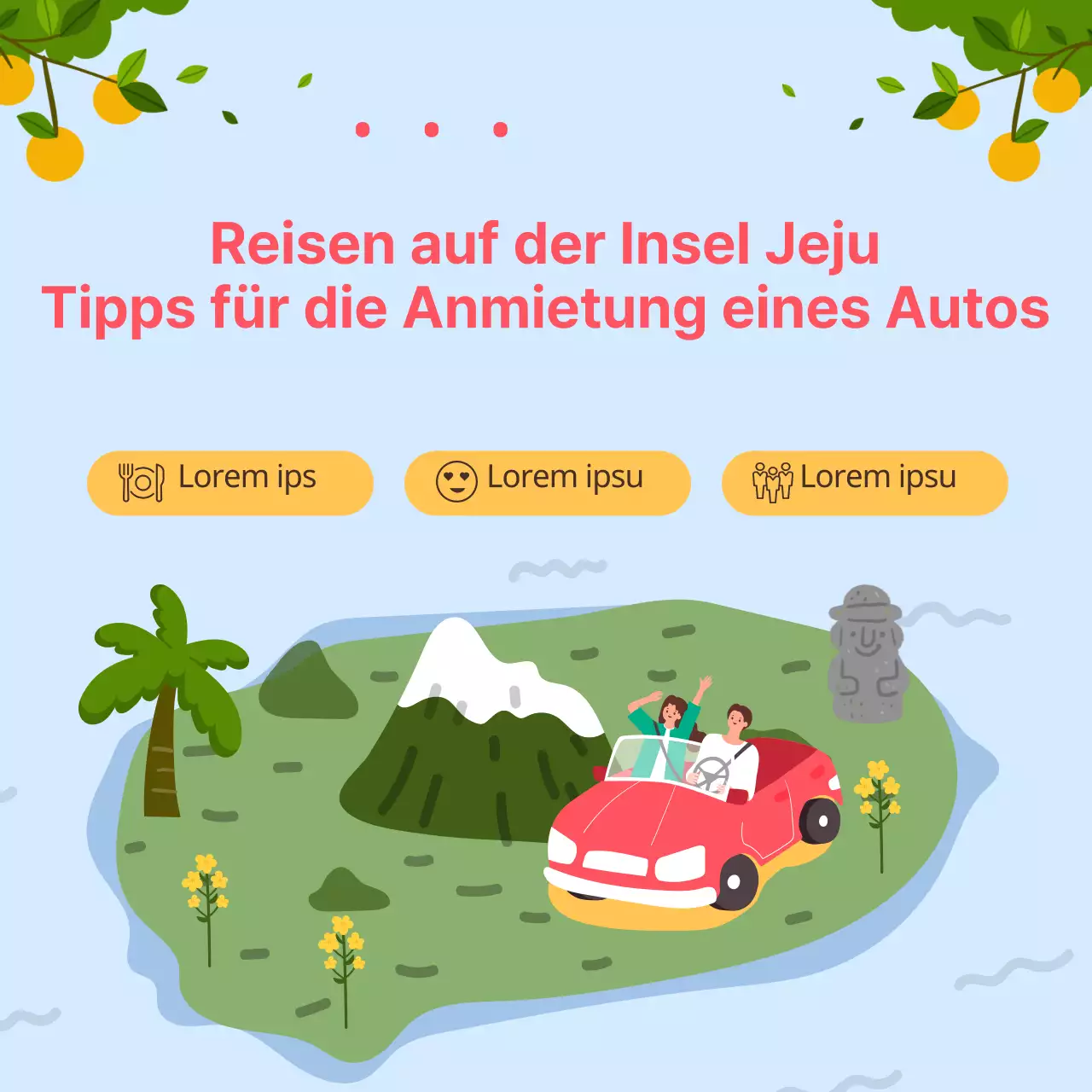 Tipps für die Anmietung eines Mietwagens auf einer hübschen, illustrierten Jeju-Insel-Route