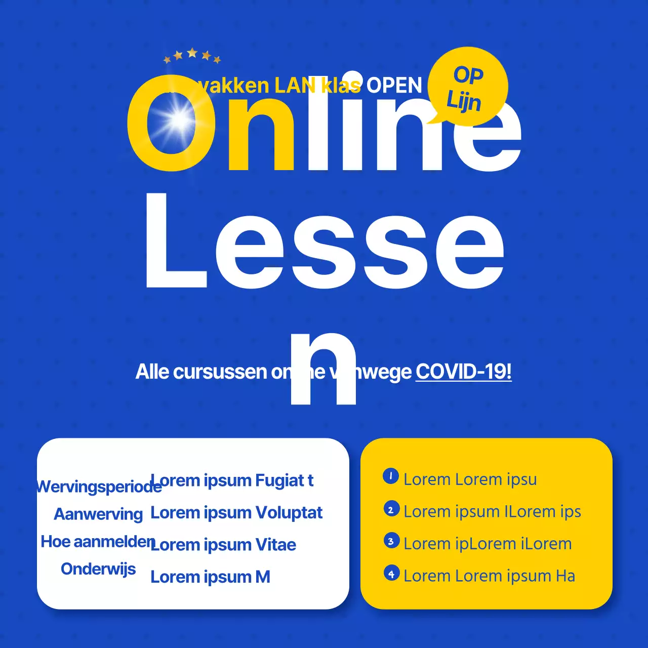 Een strakke, blauw-witte aankondiging van een online trainingswerving