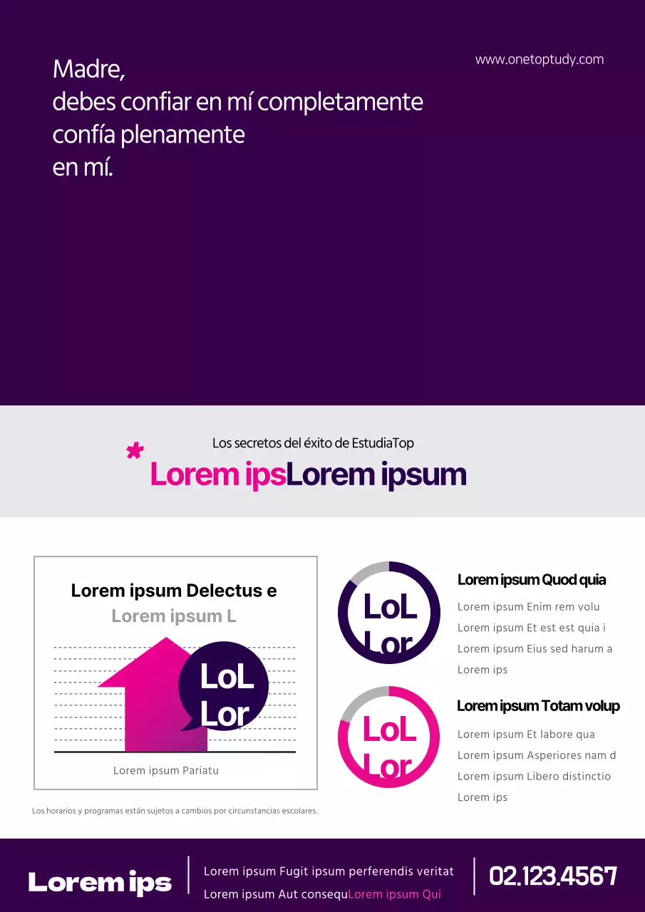 Folleto de promoción del programa escolar en morado y rosa