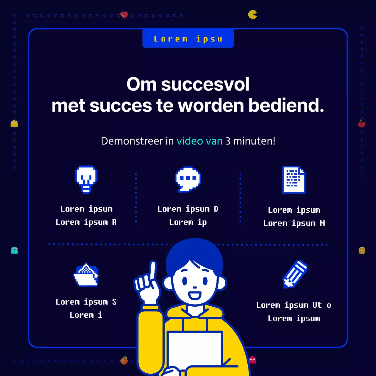 Een nieuw, leuk, retro Pac-Man pixel spel in marineblauw en geel Oproep voor nieuwe zakelijke ideeën voor een bedrijf.