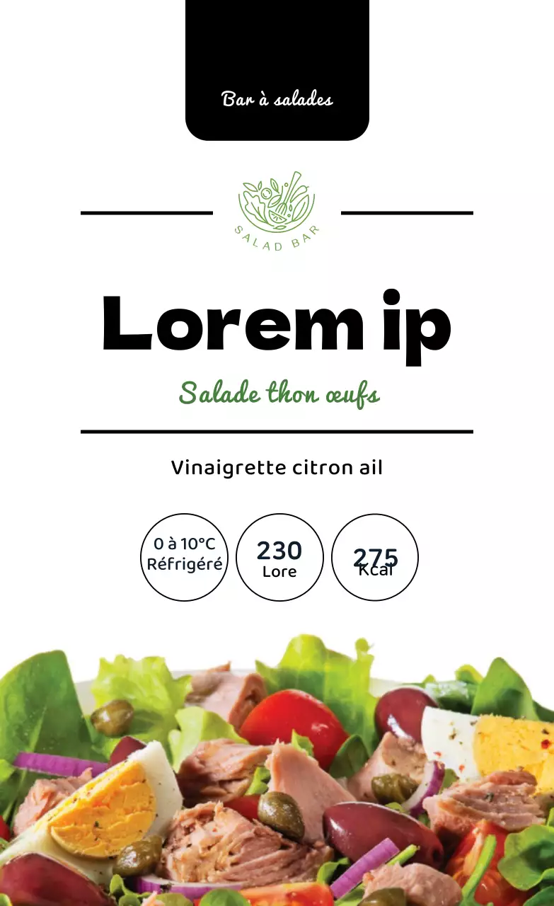 Étiquette alimentaire pour salade avec photo noir et vert citron vert