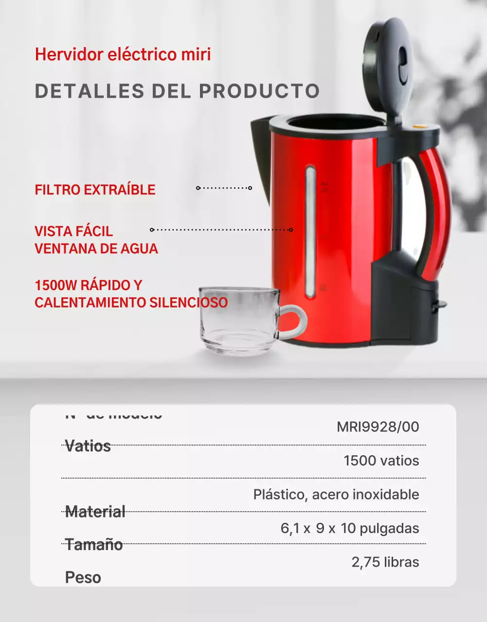 Tema hervidor eléctrico sencillo en colores rojo y gris