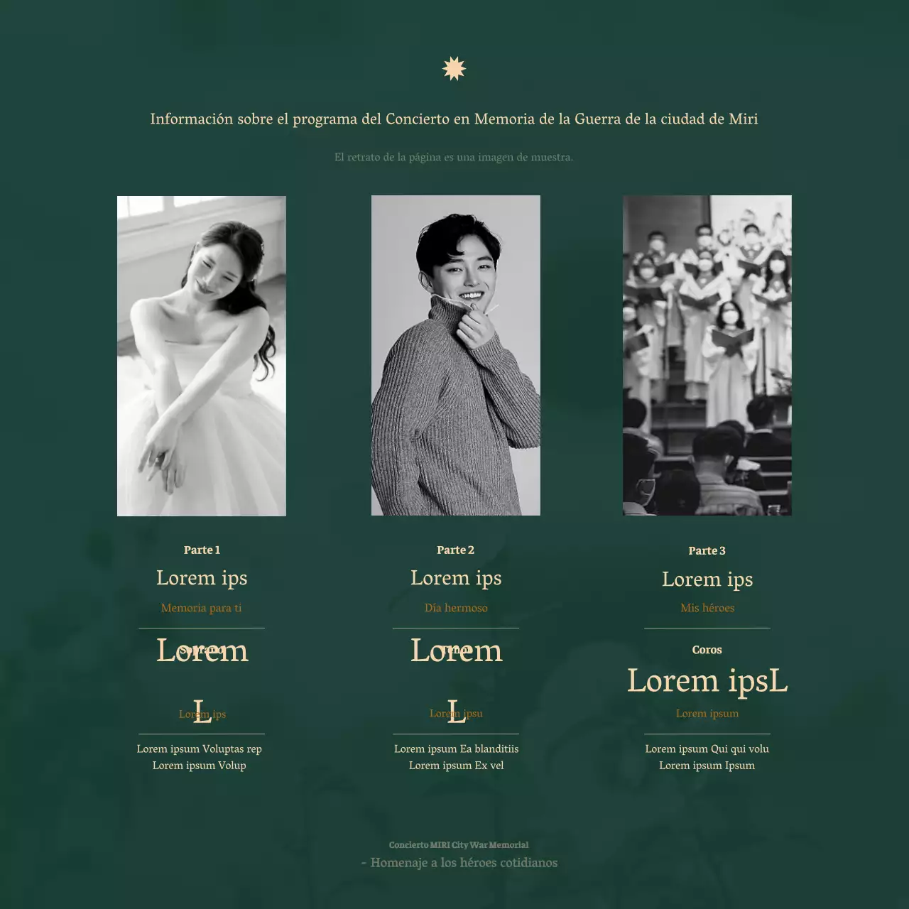 Un limpio anuncio de concierto orquestal en fuente serif con lujosos tonos beige y verde oscuro