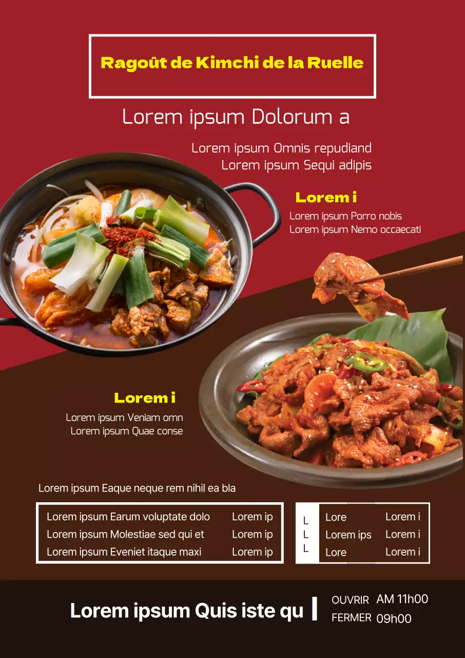 Une photo rouge met en évidence un restaurant propre proposant un menu à base de ragoût de kimchi