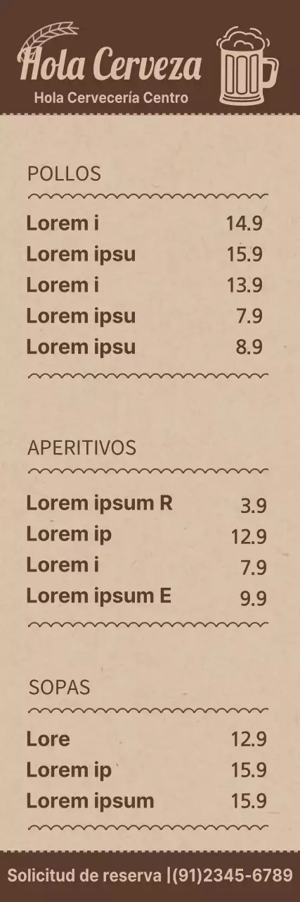 Guía de menús para una cervecería de concepto sencillo en colores marrón y marrón claro