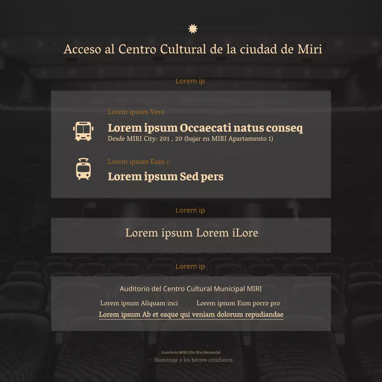 Un limpio anuncio de concierto orquestal en fuente serif con lujosos tonos beige y verde oscuro