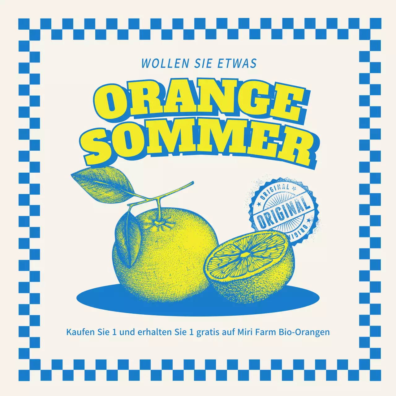 Eine gelb-blaue, von Vintage inspirierte Obstwerbung