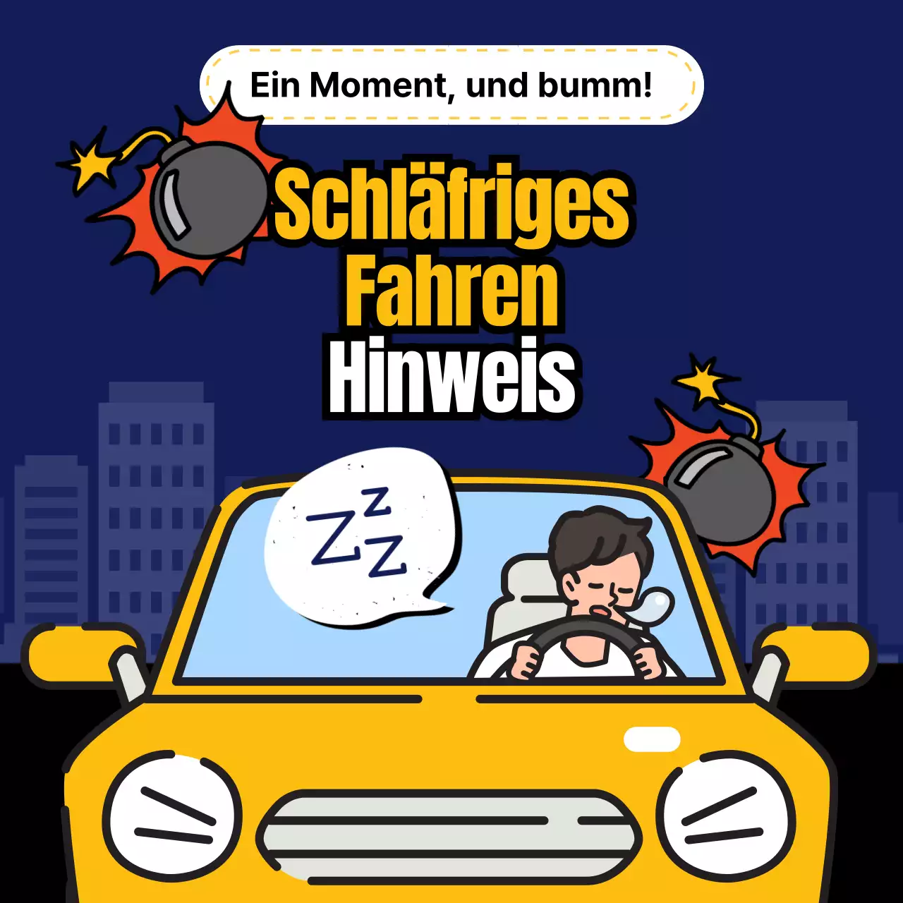 Warnhinweis bei Schläfrigkeit am Steuer mit blauem und gelbem Motiv
