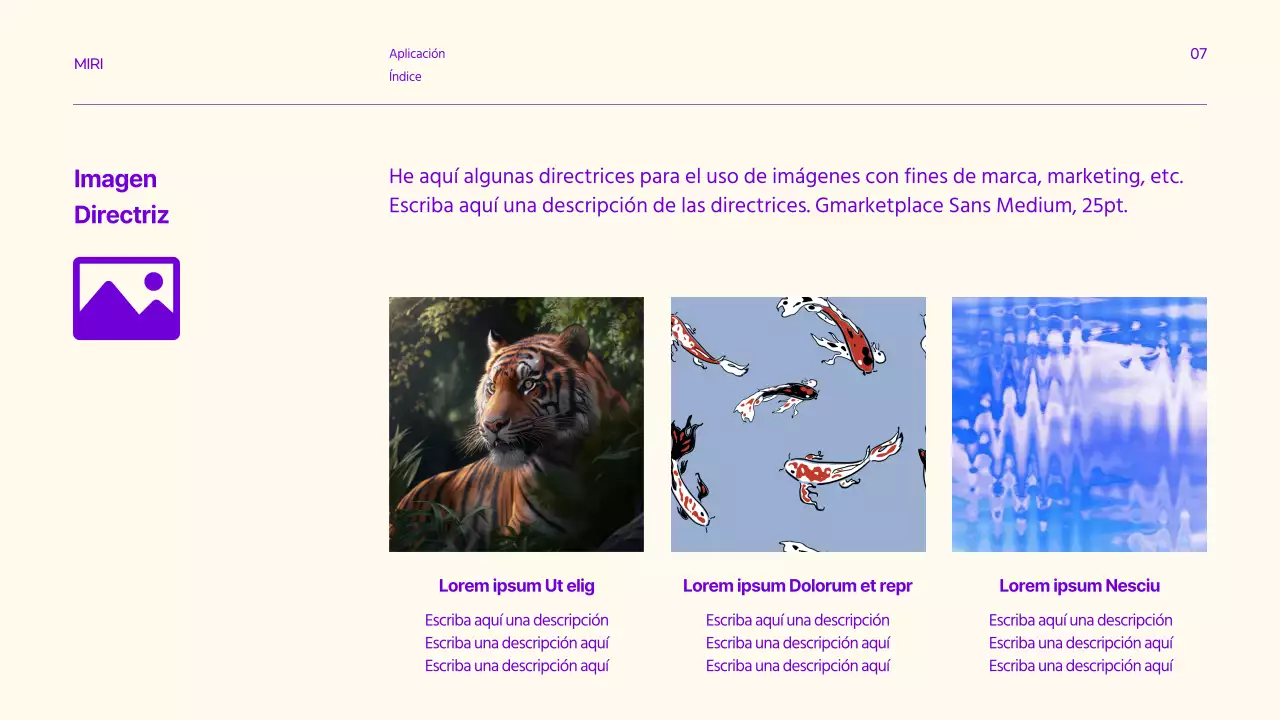 Directrices de la marca con acentos de texto limpio en morado y limón.