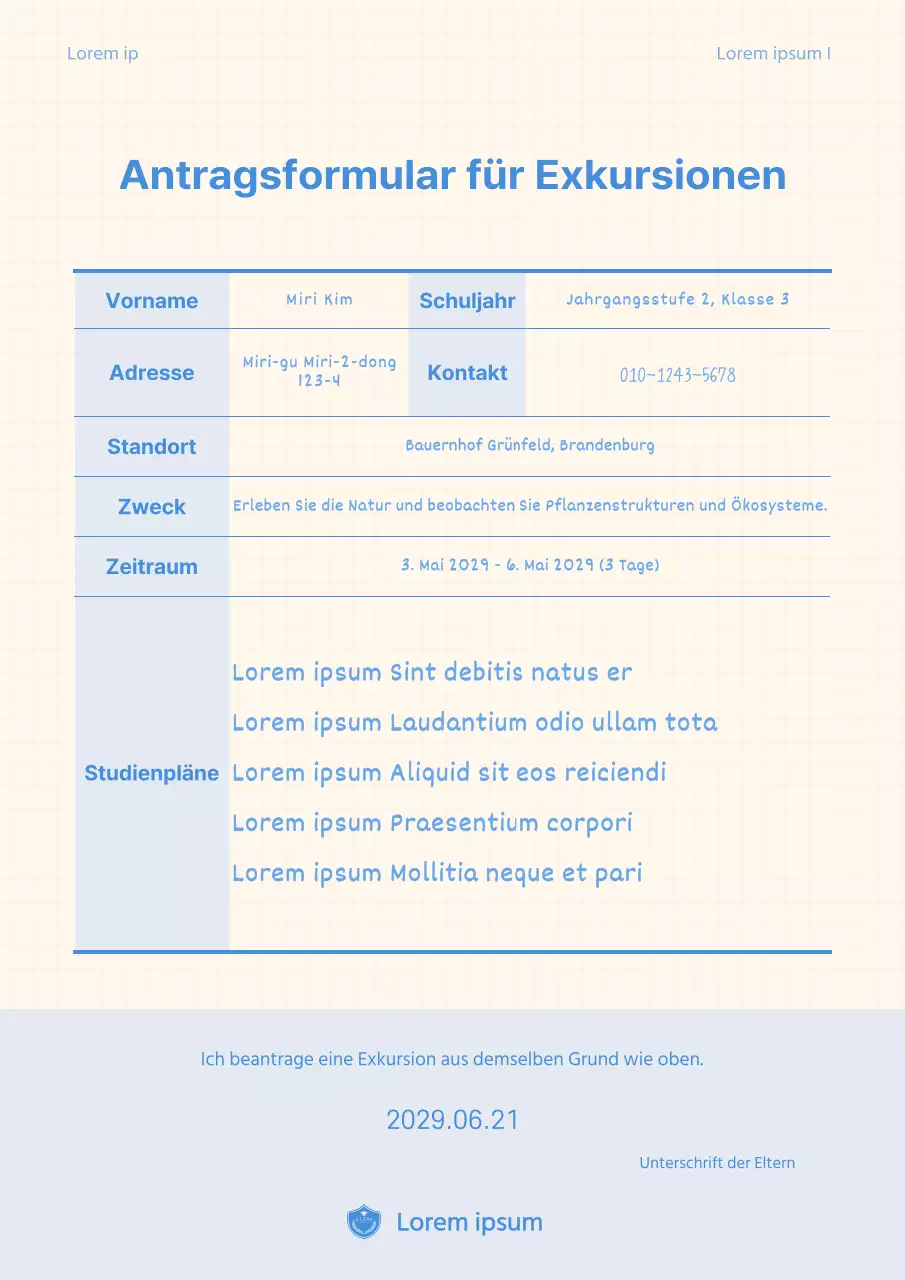 Blau-gelb-kariertes Antragsformular