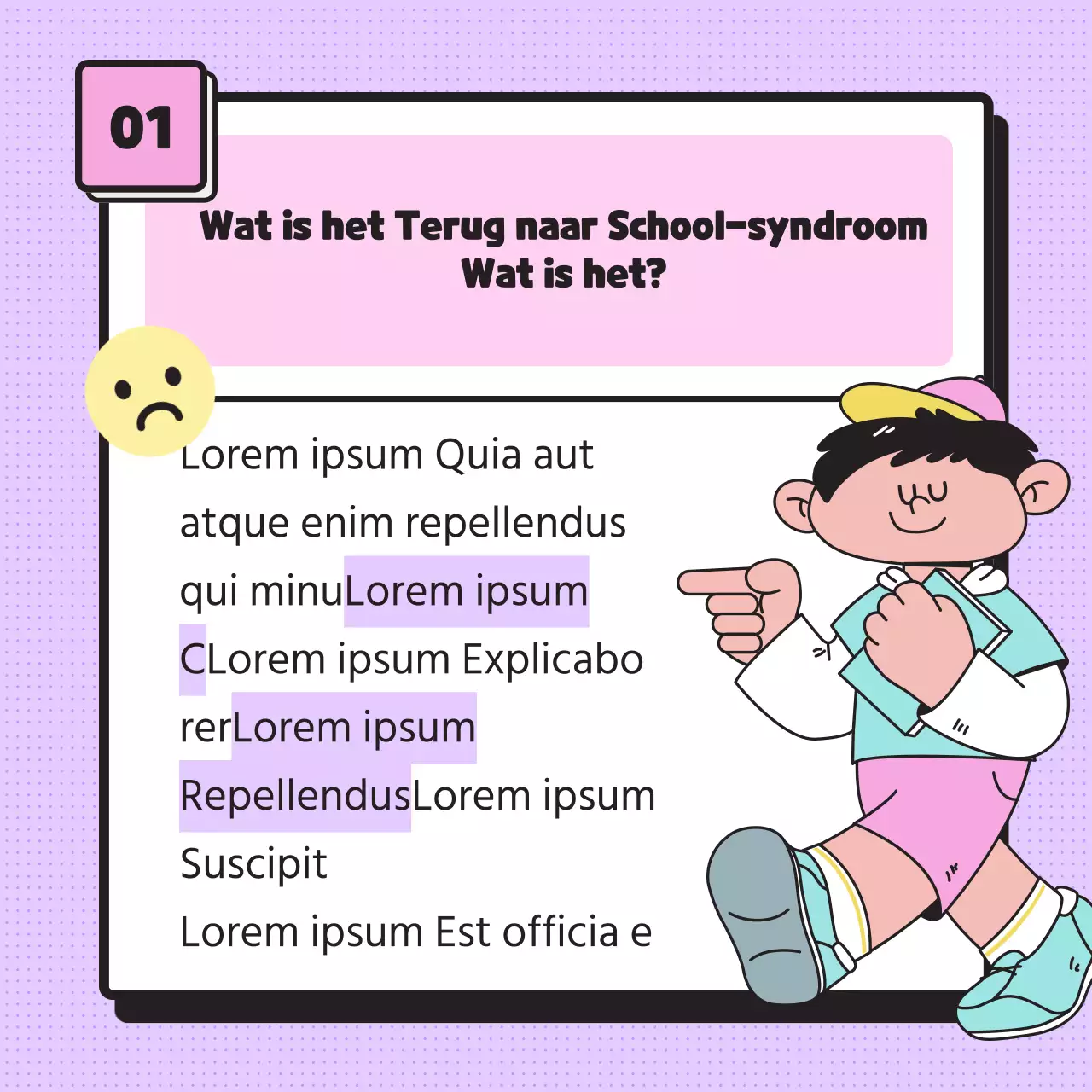 Geef informatie over het nieuwe semestersyndroom met eenvoudige pasteltinten illustraties en emoticons
