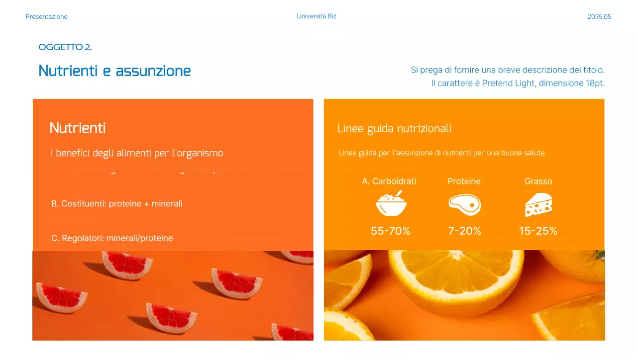 Piani nutrizionali e pasti evidenziati in foto blu e arancione