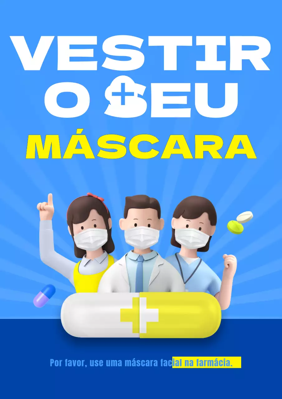 Recomendação de uso de máscara em farmácias com conceito de ilustração 3D azul e amarelo