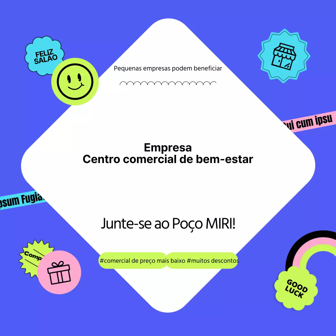 Explicar o centro comercial azul com um conceito de autocolante CardNews