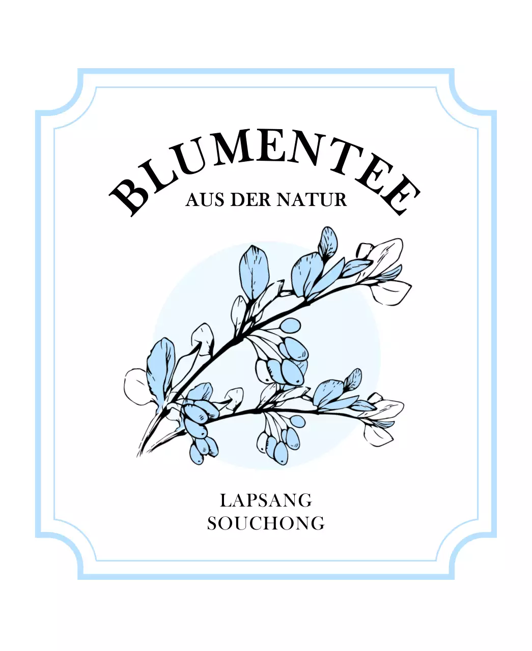 Luxuriöse Teebeutel mit skizzenhaften Illustrationen von Pflanzen und Beeren in Pastellrosa und Hellblau