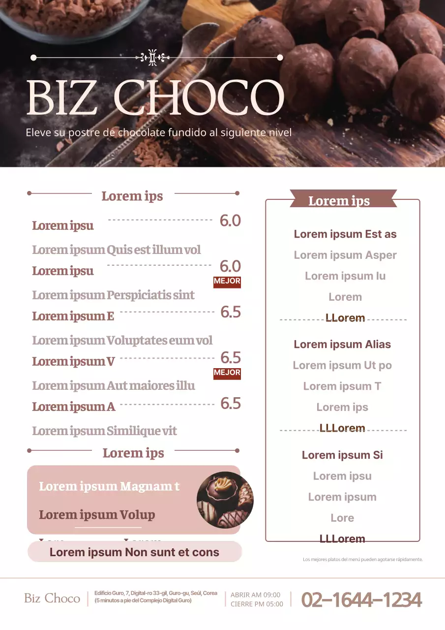 Menú de Choco café con una imagen de chocolate rosa