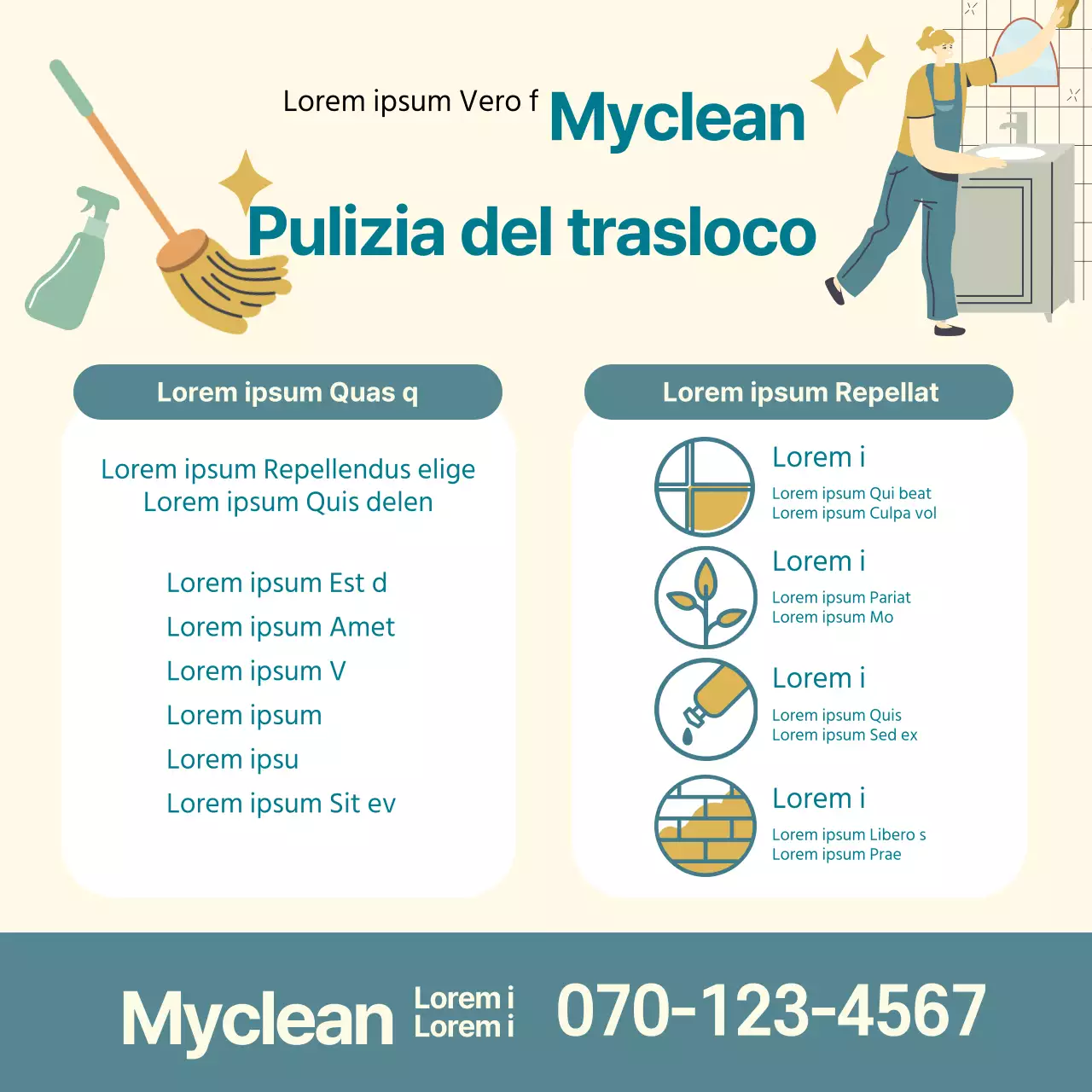 Illustrazione blu e gialla che promuove un servizio di pulizia ordinata del trasloco