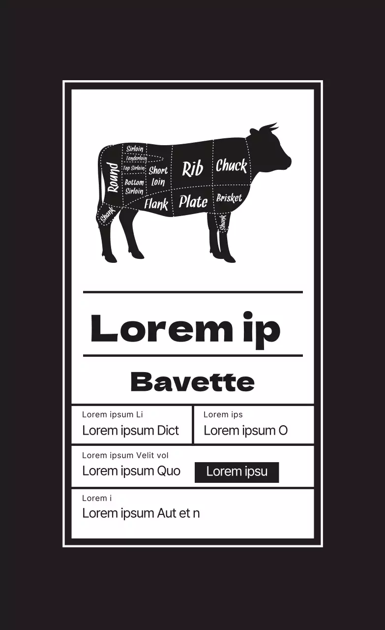 Étiquette illustrée en noir pour l'étiquetage des produits alimentaires à base de viande de bœuf