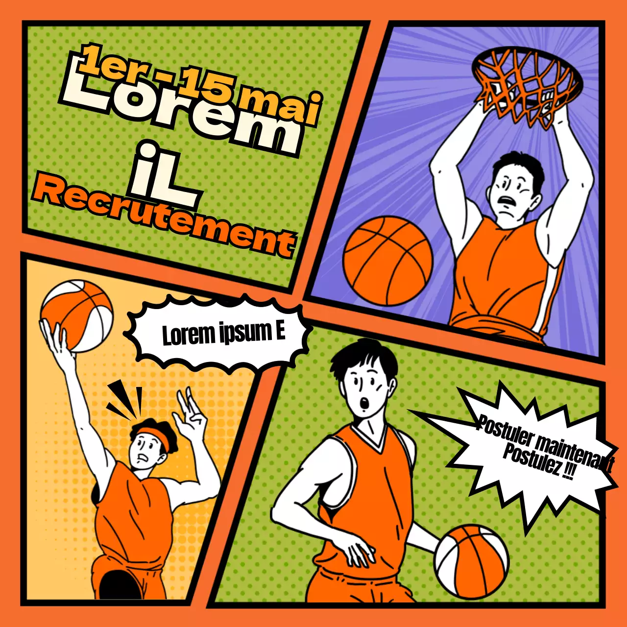 Recrutement d'un club de basket-ball amusant, kitsch, orange et cartoonesque