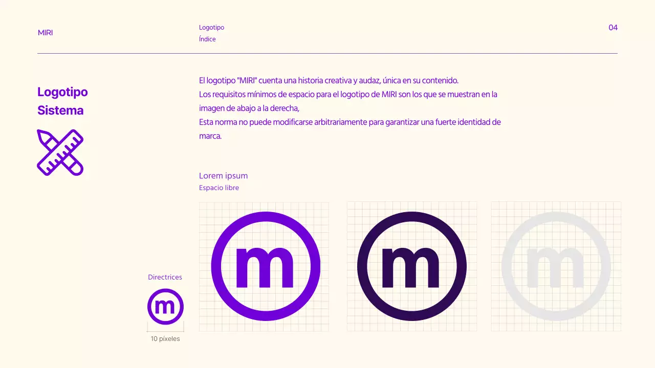 Directrices de la marca con acentos de texto limpio en morado y limón.
