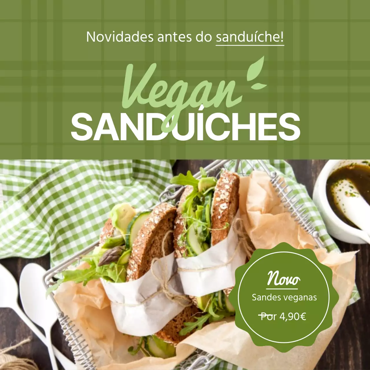 Padrão axadrezado verdeFoto destaca sanduíches veganasNovas sanduíches veganas