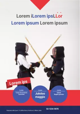 Materiale promozionale per una scuola di kendo con l'immagine di un bambino che pratica il kendo in blu e rosso.