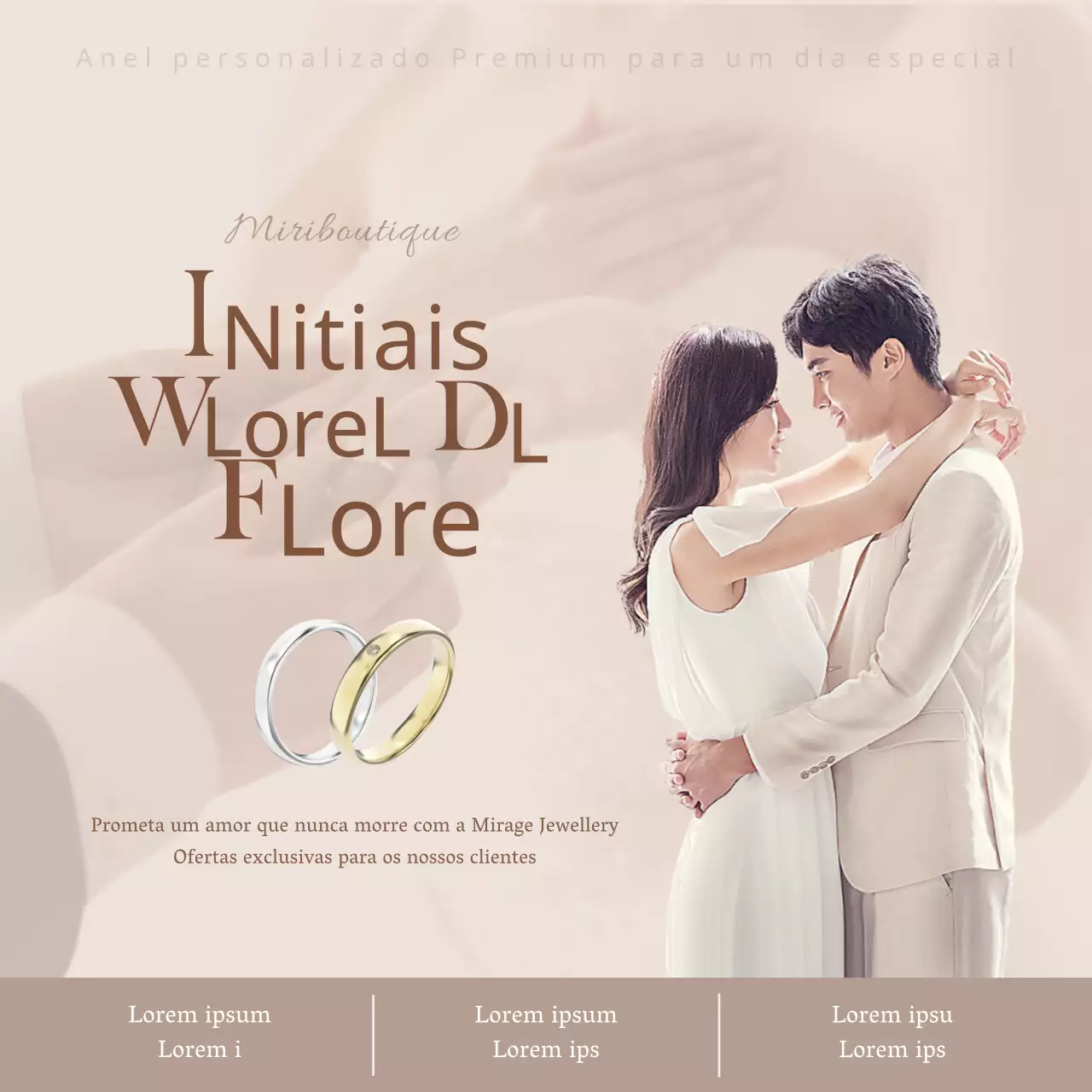 Promoção de alianças de casamento personalizadas em tons de bege