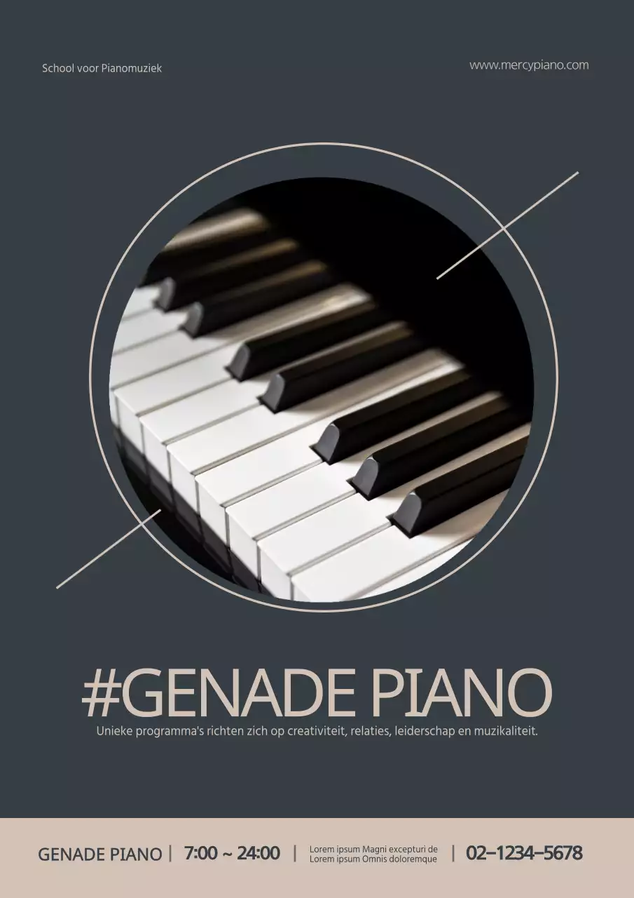 Promoot een stijlvolle pianomuziekschool met foto's van piano's in marineblauw en beige.