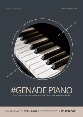Promoot een stijlvolle pianomuziekschool met foto's van piano's in marineblauw en beige.