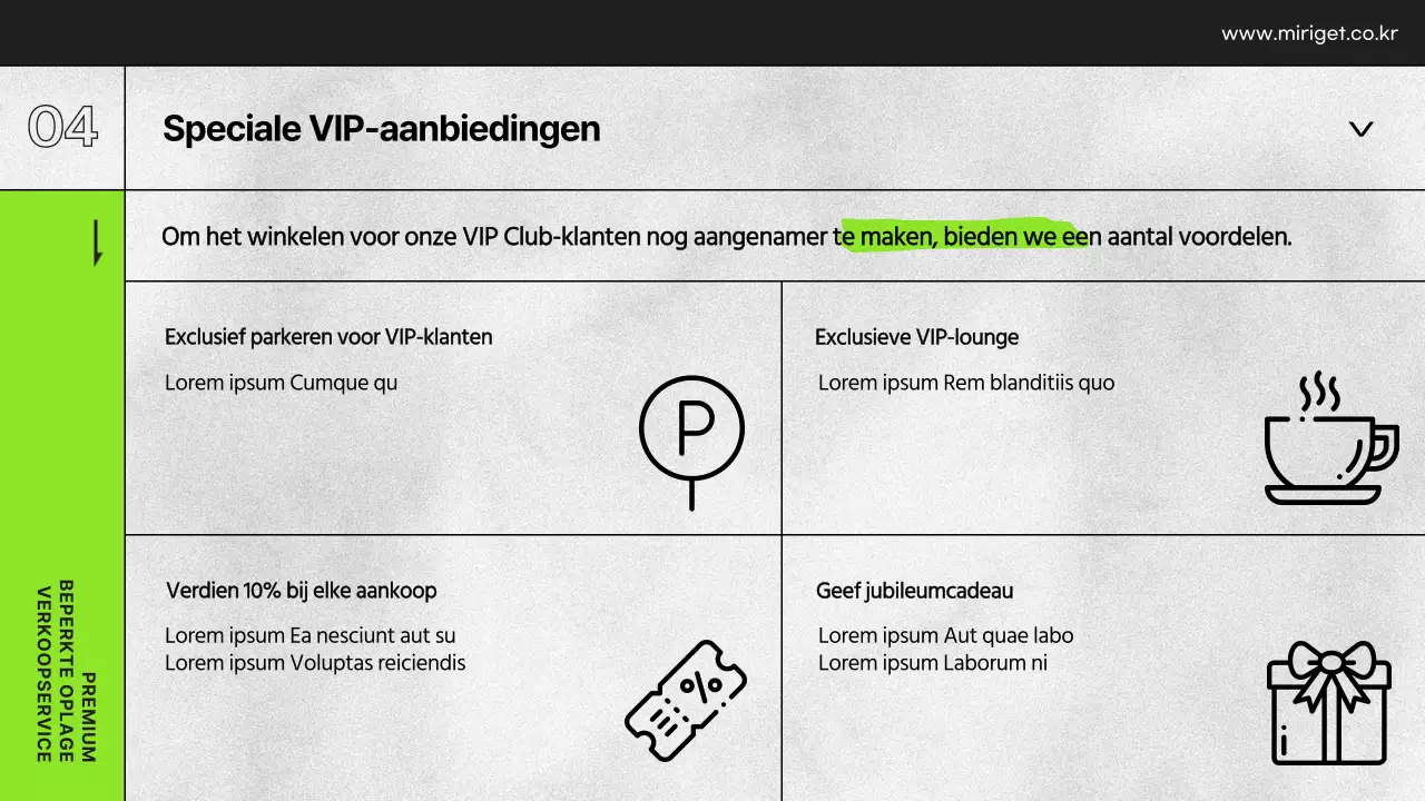 Presentatie VIP-voordelen warenhuis in zwart-wit en limoengroen