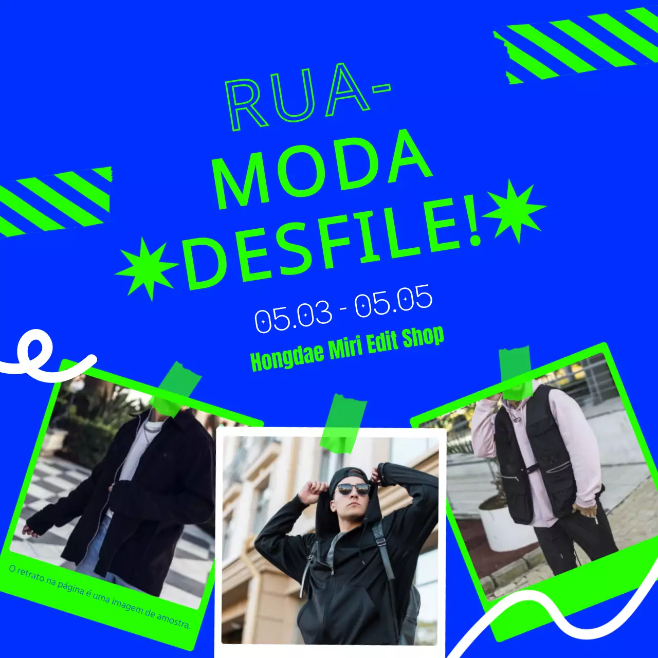 Promover um desfile de moda de rua em estilo fotográfico azul e chartreuse