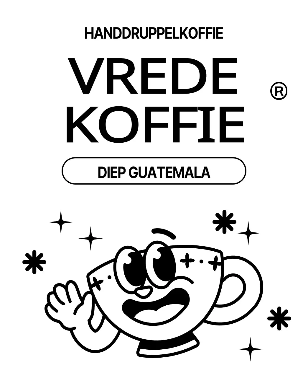 Koffiebonen met een schattig ontwerp met een illustratie van een zwart koffiekopje