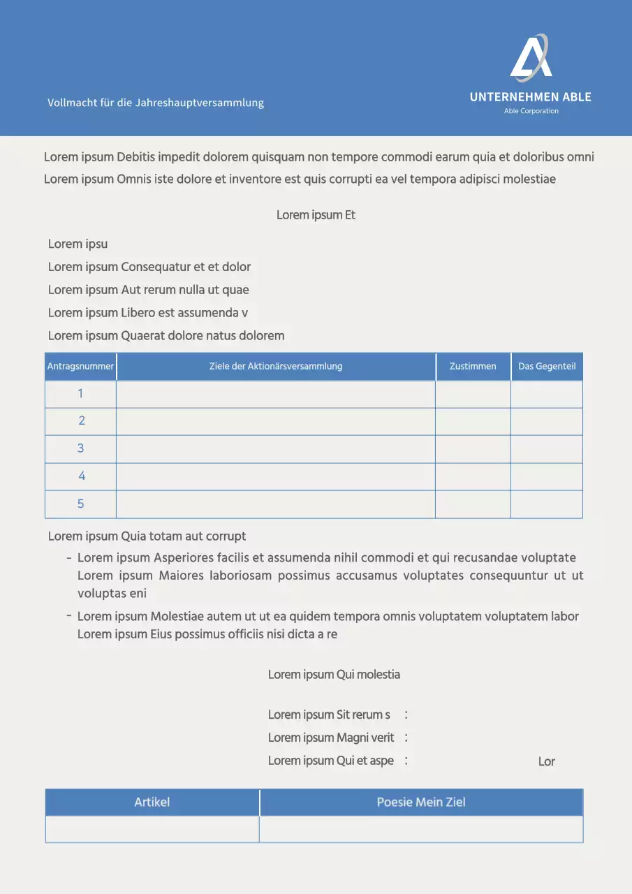 bevollmächtigung für die hauptversammlung der bluetone-aktionäre dokumentvorlage