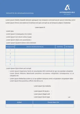 bevollmächtigung für die hauptversammlung der bluetone-aktionäre dokumentvorlage