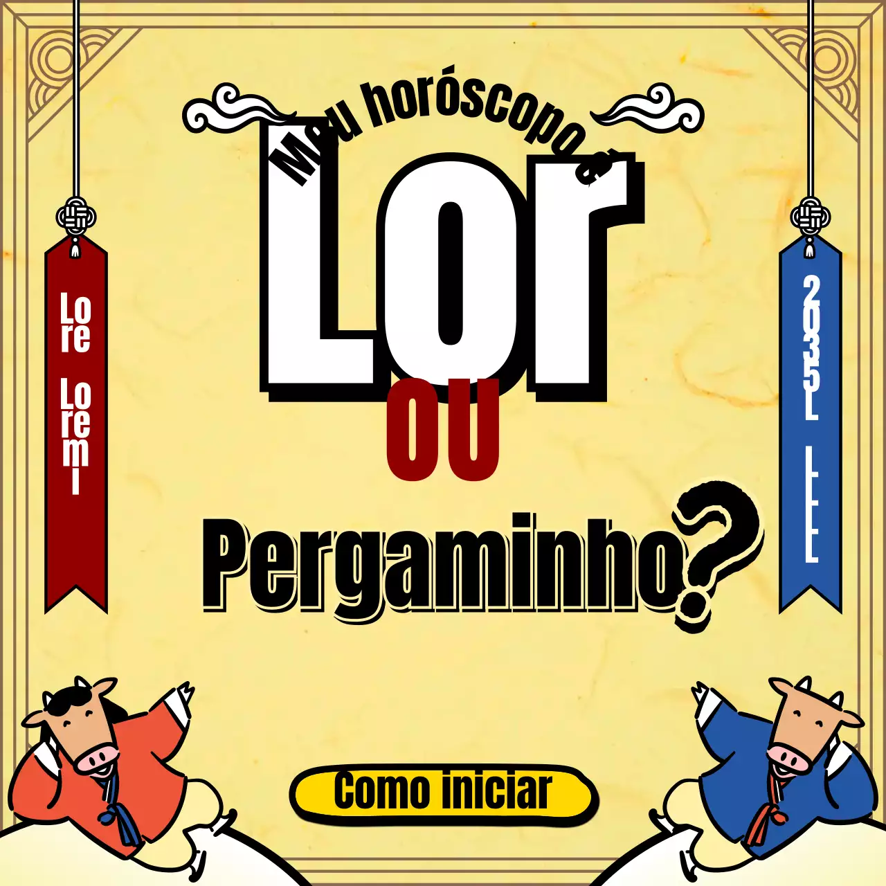 Adivinhação do Ano Novo com a ilustração da personagem tradicional da vaca amarela