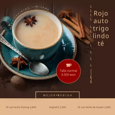 Un menú de cafetería con clase y un juego de té sentimental en beige y rojo.