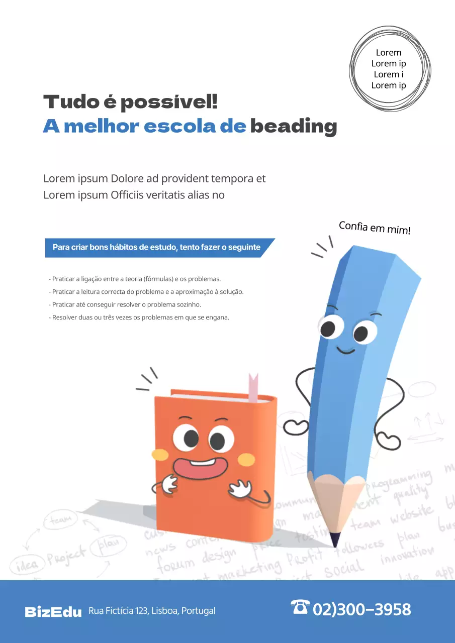 Promova a sua escola com uma ilustração de uma personagem azul de material escolar