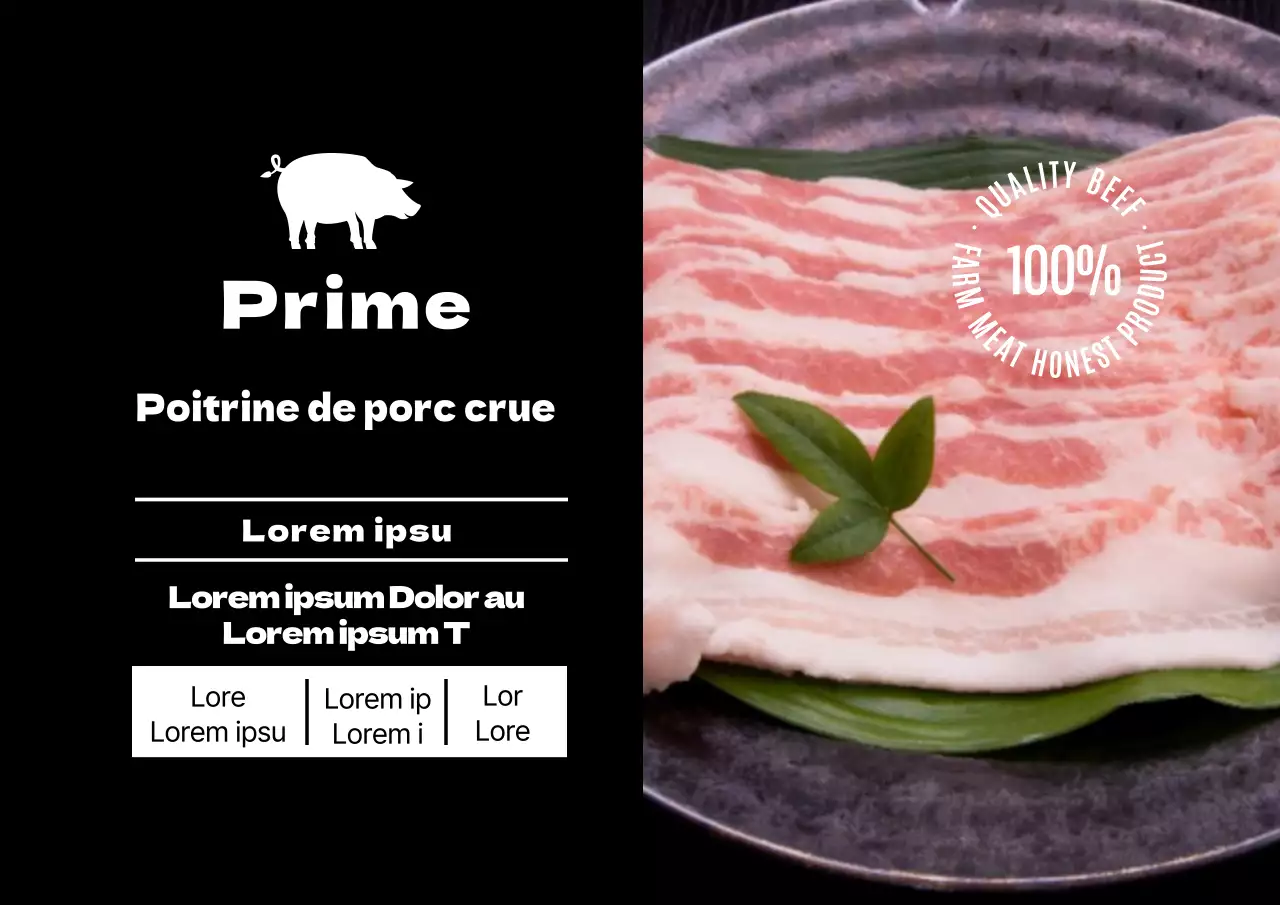 Étiquette alimentaire pour poitrine de porc avec photo noire