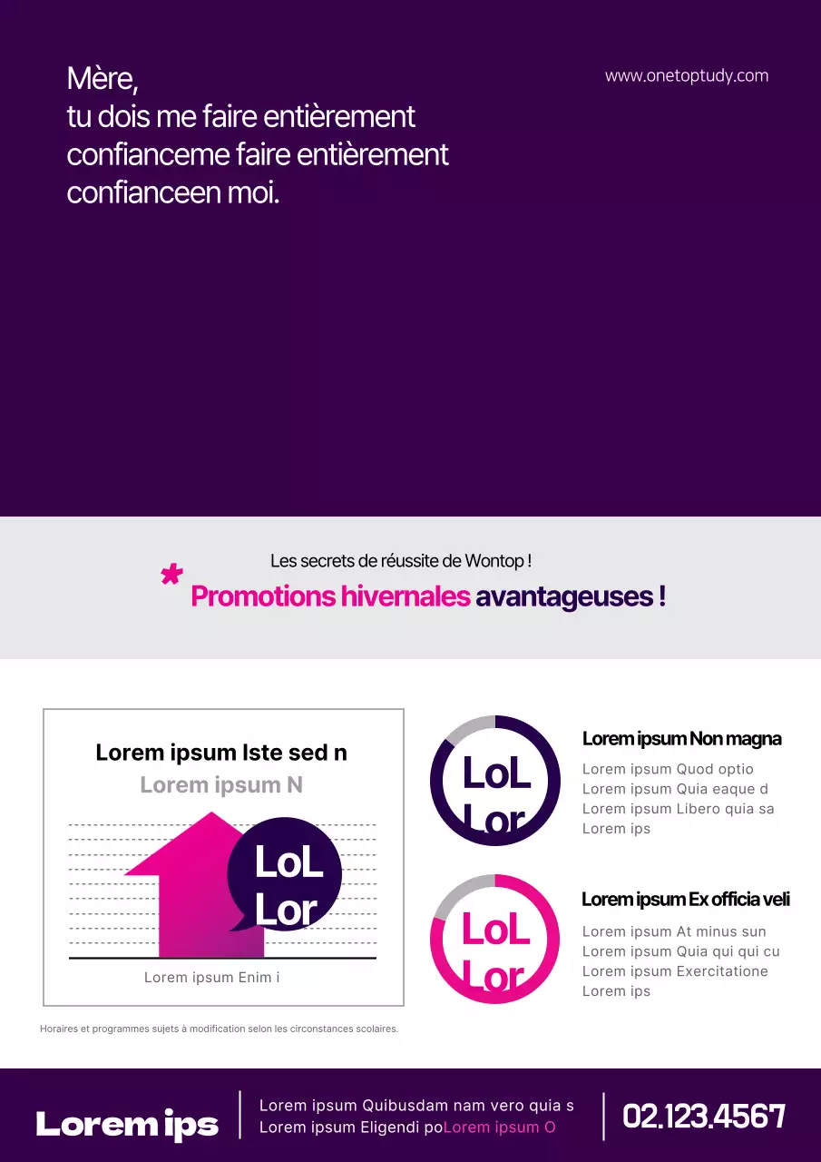 Flyer promouvant le programme de l'école en violet et rose