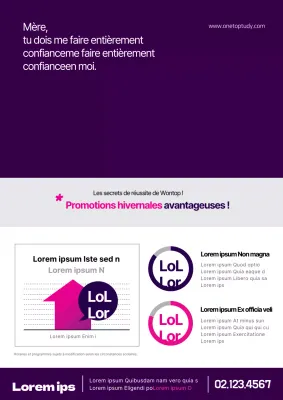 Flyer promouvant le programme de l'école en violet et rose